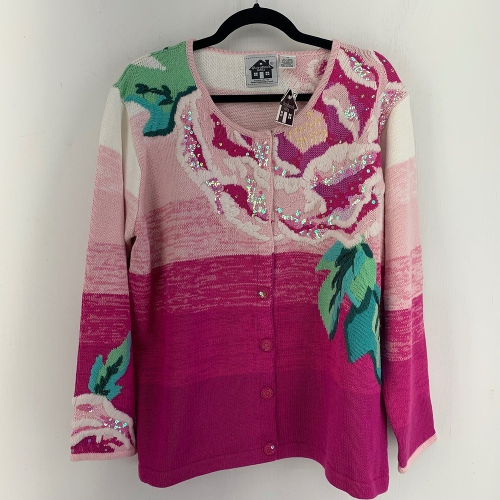 Storybook Knits Tree Peony Pink Floral Sequin Cardigan Sweater Womens 1X NWT